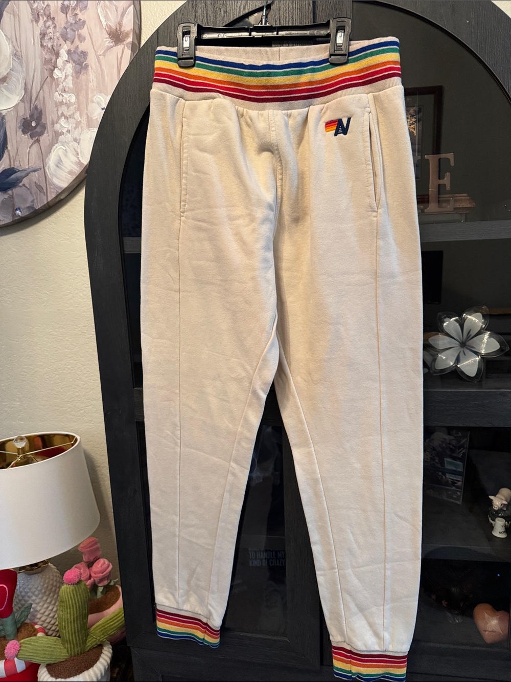 Aviator Nation Cream Joggers with Rainbow Trim